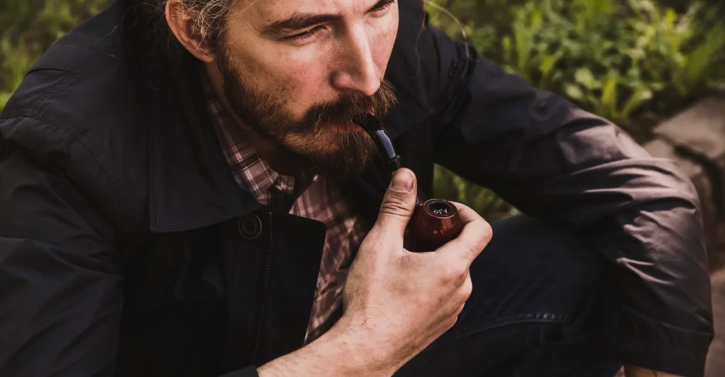 A man smokes a handcrafted tobacco pipe outdoors.