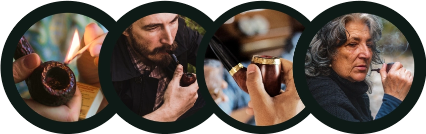 Four images of people smoking handmade artisan tobacco pipes.