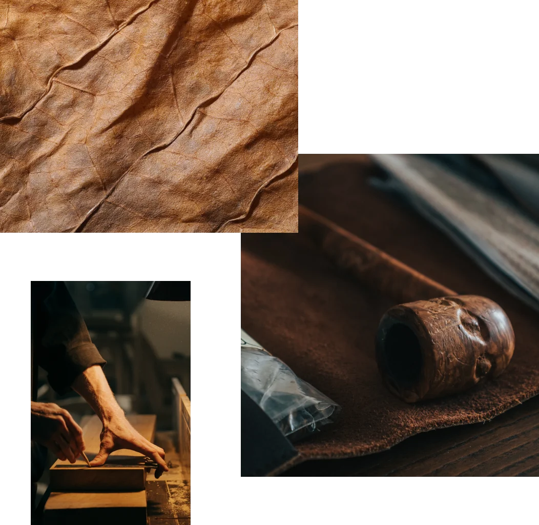 Three images in a gallery, showcasing a handcrafted tobacco pipe being made.